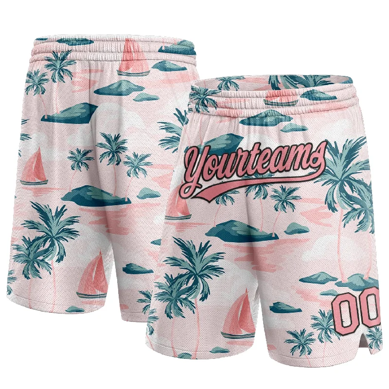 Men's basketball shorts stretch-hybrid -Custom Light Pink Medium Pink-Black 3D Pattern Hawaii Palm Trees And Island Authentic Basketball Shorts