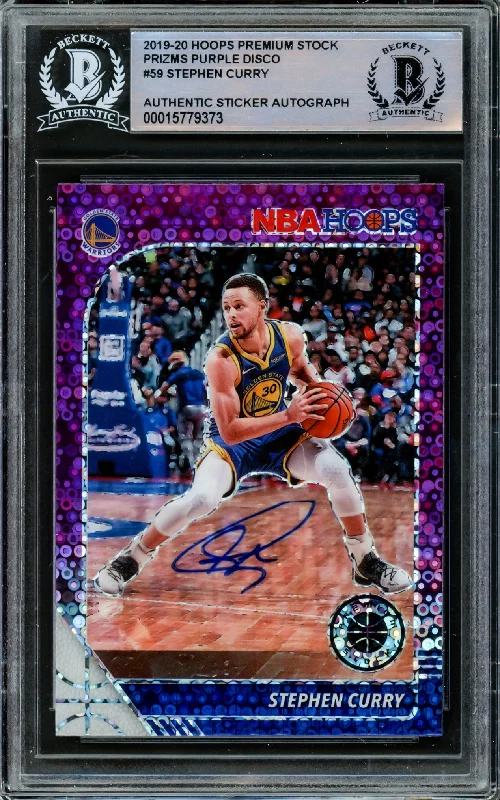 Men's basketball card hobby kit -Stephen Curry Autographed 2019-20 Hoops Premium Stock Purple Disco Prizm Card #59 Golden State Warriors Beckett BAS #15779373