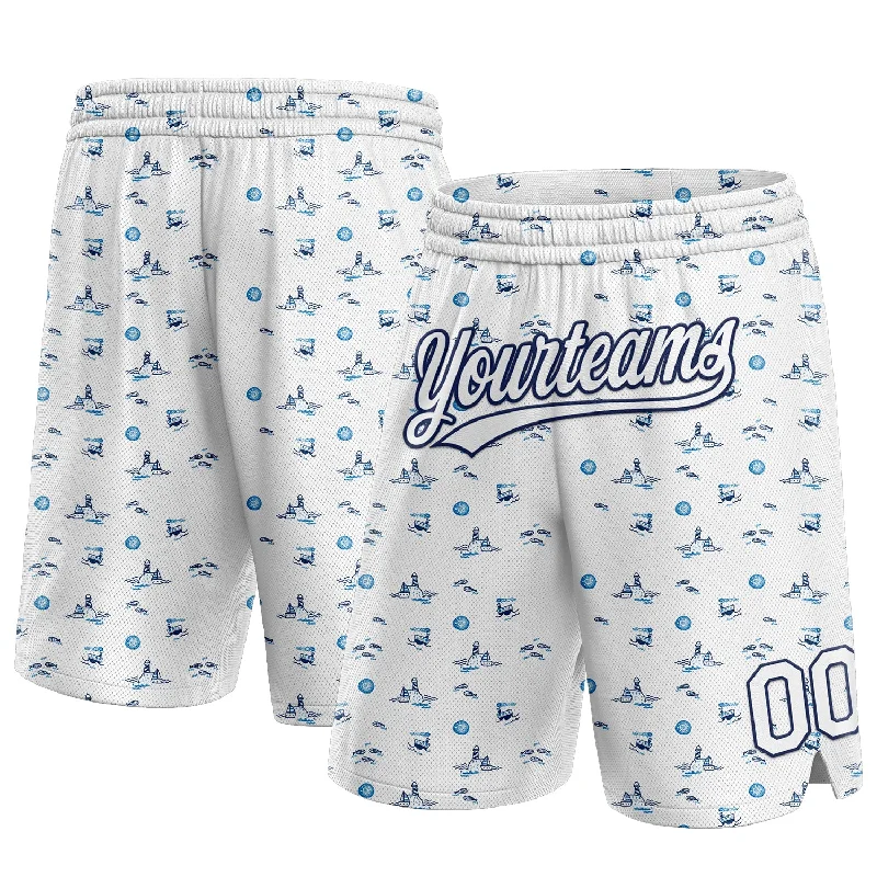 Men's basketball shorts urban-fit -Custom White Navy 3D Pattern Fish And Ships Authentic Basketball Shorts