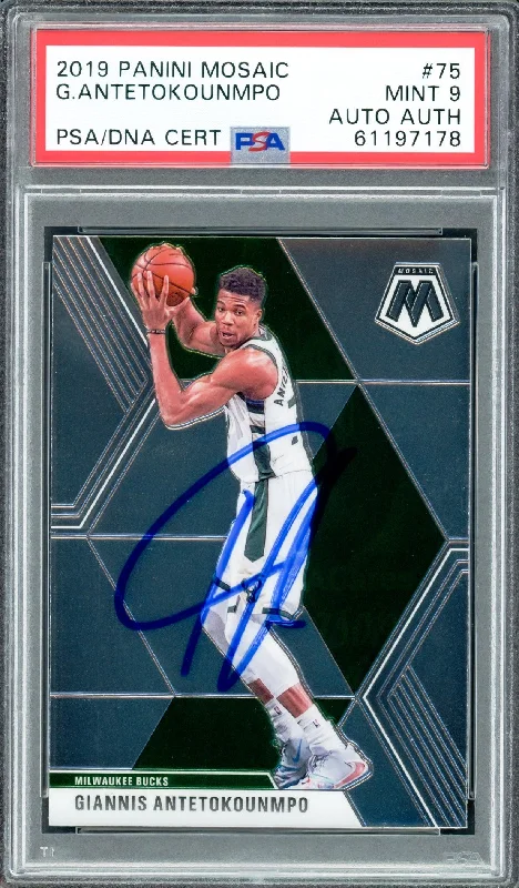 Men's basketball card player treasury -Giannis Antetokounmpo Autographed 2019 Panini Mosaic Card #75 Milwaukee Bucks PSA 9 PSA/DNA Stock #208511