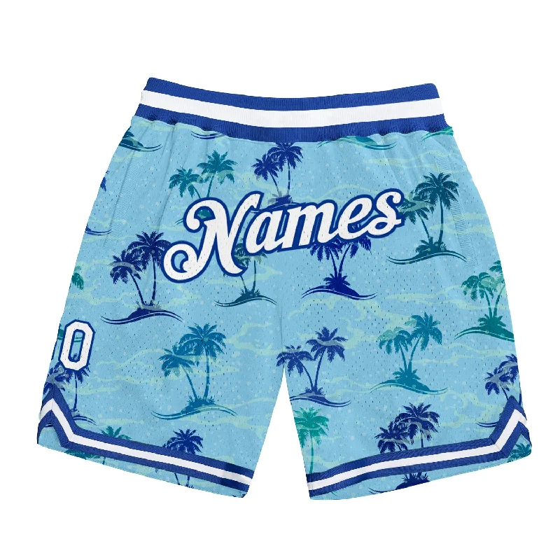 Men's basketball shorts league-ready -Custom Light Blue White-Royal 3D Pattern Design Palm Trees Authentic Basketball Shorts