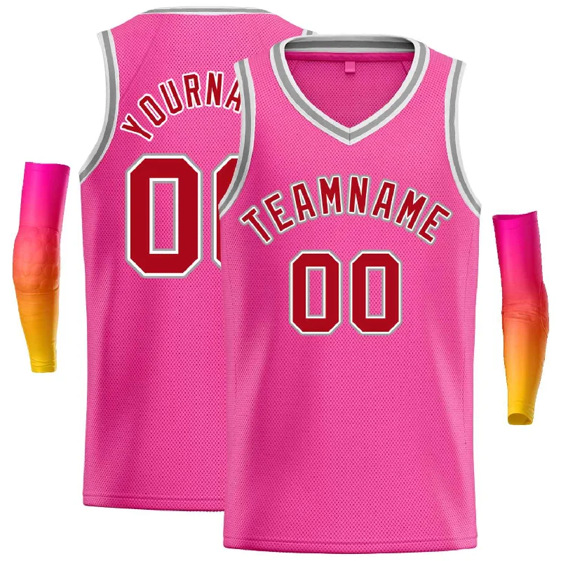 Men's basketball uniform team offer -Custom Pink Red-White Classic Tops Men Casual Basketball Jersey