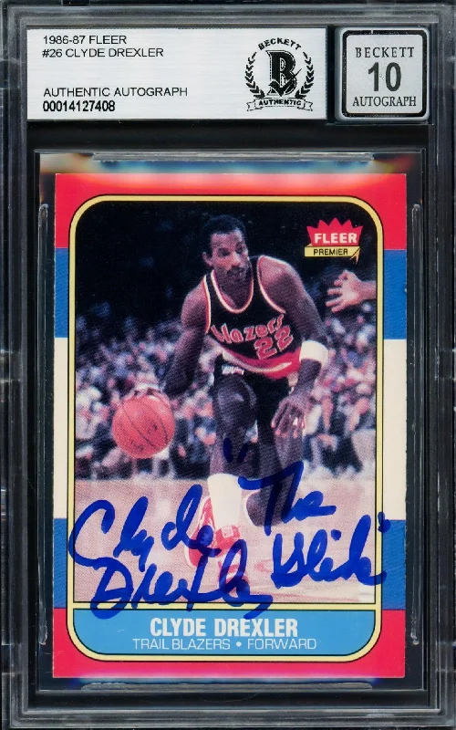 Men's basketball card light cards -Clyde Drexler Autographed 1986-87 Fleer Rookie Card #26 Portland Trail Blazers Auto Grade Gem Mint 10 "The Glide" Beckett BAS #14127408