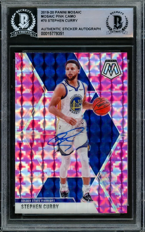 Men's basketball card unique patterns -Stephen Curry Autographed 2019-20 Panini Pink Mosaic Prizm Card #70 Golden State Warriors Beckett BAS #15779351