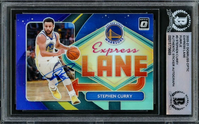 Men's basketball card autographed version -Stephen Curry Autographed 2020-21 Donruss Optic Purple Prizm Express Lane Card #3 Golden State Warriors Beckett BAS #15779669