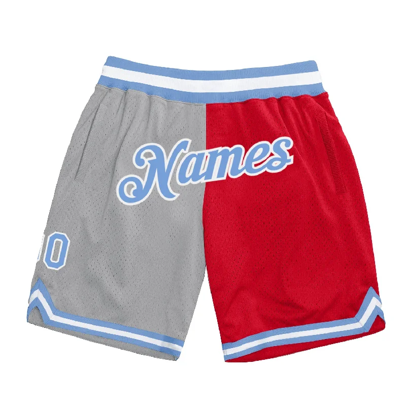 Men's basketball shorts sweat-rugged -Custom Gray Light Blue-Red Authentic Throwback Split Fashion Basketball Shorts