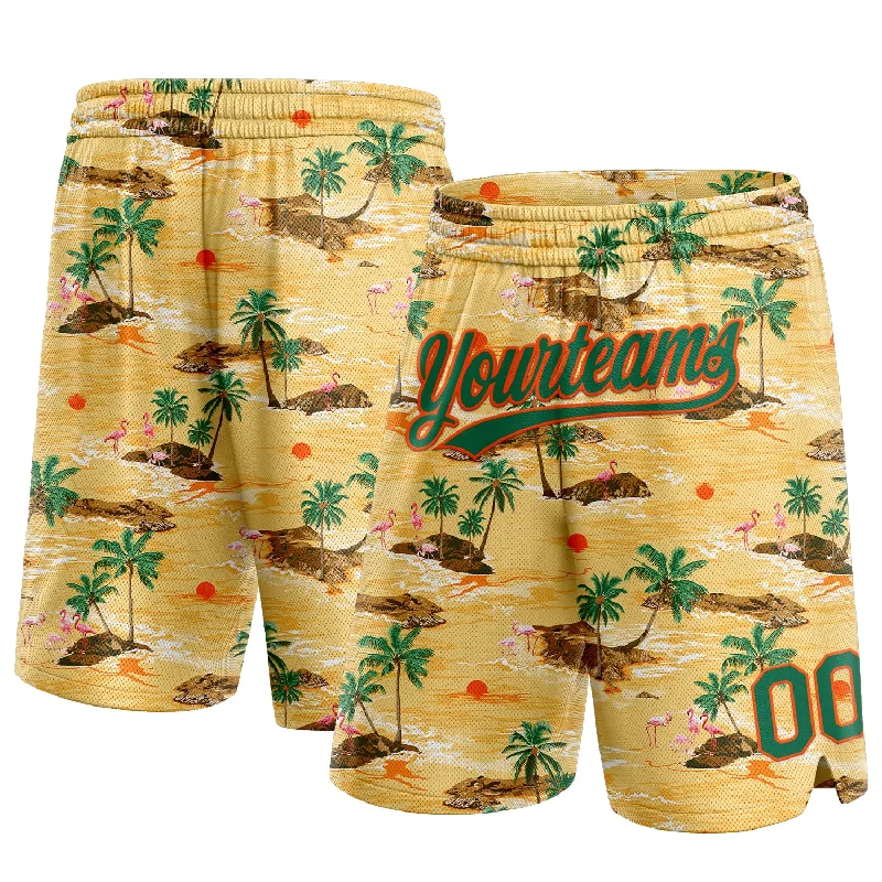 Men's basketball shorts urban-pro -Custom Yellow Kelly Green-Orange 3D Pattern Hawaii Palm Trees And Flamingo Authentic Basketball Shorts