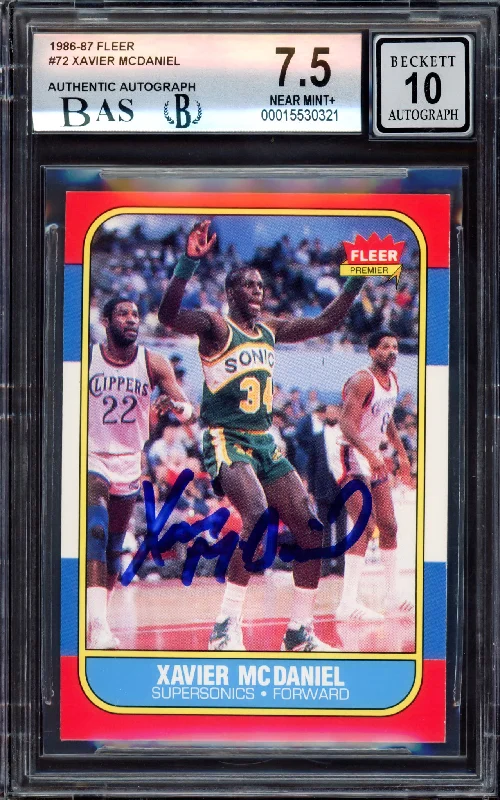 Men's basketball card quality treasury -Xavier McDaniel Autographed 1986-87 Fleer Rookie Card #72 Seattle SuperSonics BGS 7.5 Auto Grade Gem Mint 10 Beckett BAS #15530321