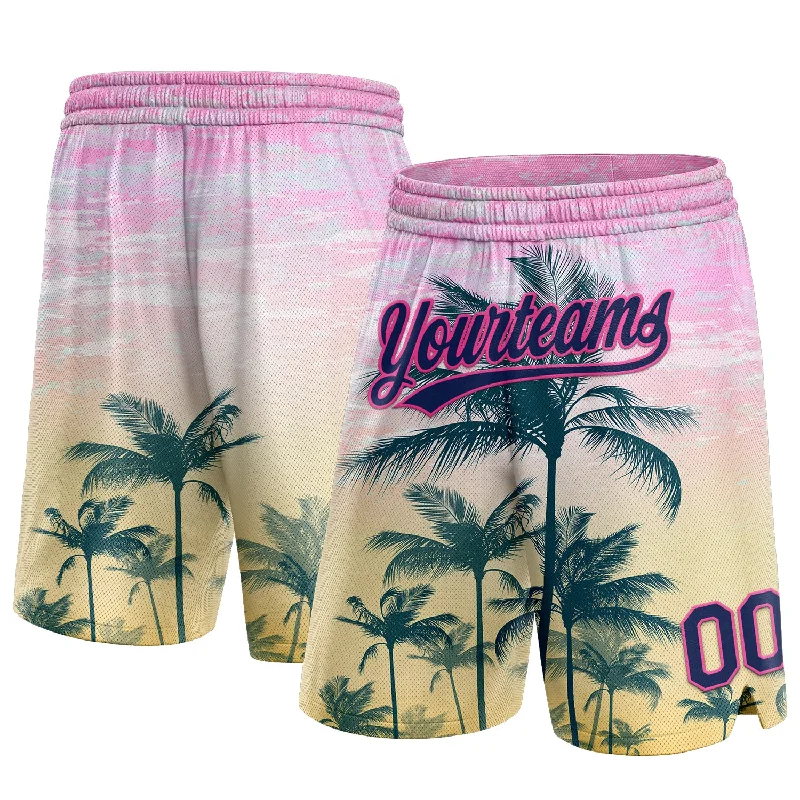 Men's basketball shorts sweat-hybrid -Custom Pink Navy 3D Pattern Hawaii Palm Trees Authentic Basketball Shorts