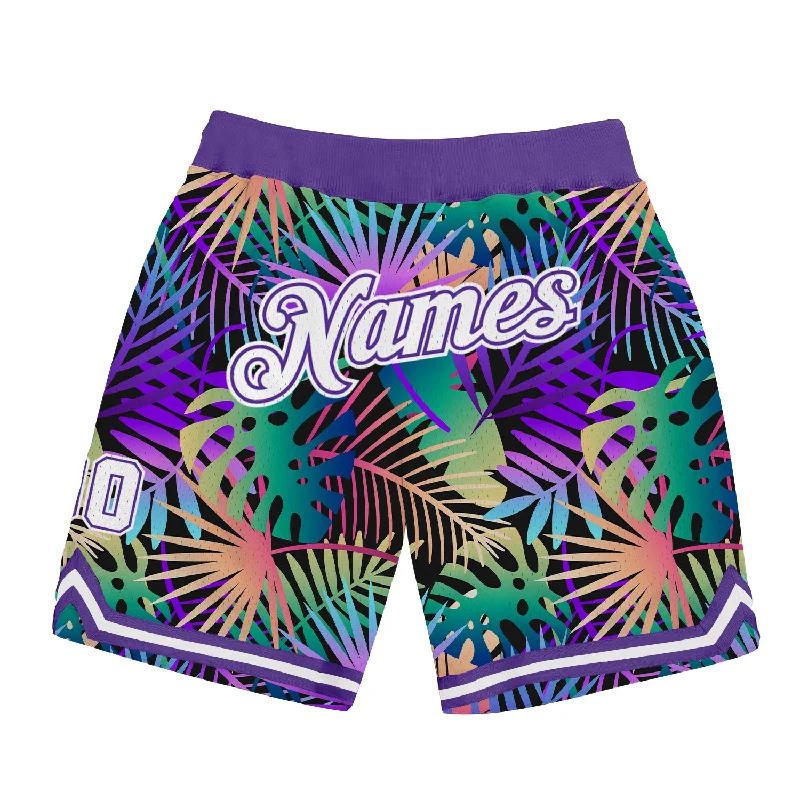 Men's basketball shorts cooling-urban -Custom Purple White-Purple 3D Pattern Design Tropical Palm Leaves Authentic Basketball Shorts