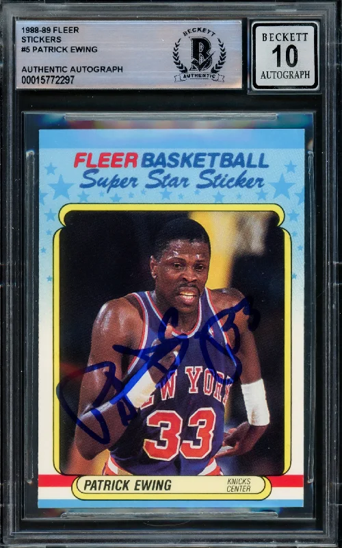 Men's basketball card foil overlay -Patrick Ewing Autographed 1988-89 Fleer Sticker Card #5 New York Knicks Auto Grade Gem Mint 10 Beckett BAS #15772297