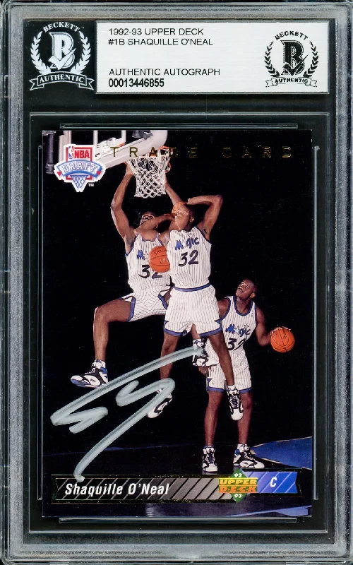 Men's basketball card pro athlete -Shaquille Shaq O'Neal Autographed 1992-93 Upper Deck Rookie Card #1B Orlando Magic Beckett BAS Stock #211211