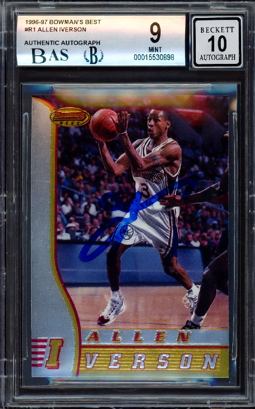 Men's basketball card squad assortment -Allen Iverson Autographed 1996-97 Bowman's Best Rookie Card #R1 Philadelphia 76ers BGS 9 Auto Grade Gem Mint 10 Beckett BAS #15530898