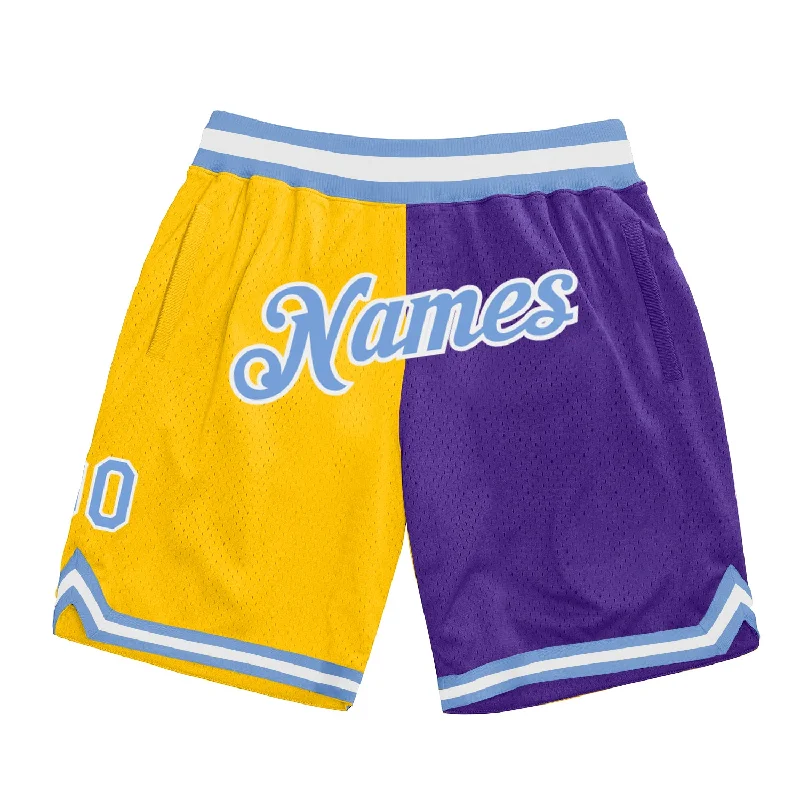 Men's basketball shorts rugged-fit -Custom Gold Light Blue-Purple Authentic Throwback Split Fashion Basketball Shorts