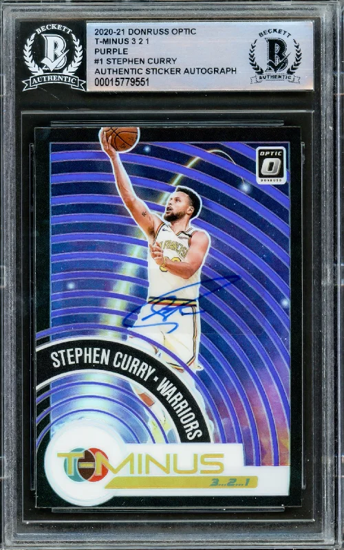 Men's basketball card custom artwork -Stephen Curry Autographed 2020-21 Donruss Optic Purple Prizm Card #1 Golden State Warriors Beckett BAS #15779551