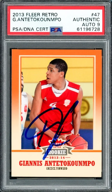 Men's basketball card rookie edition -Giannis Antetokounmpo Autographed 2013 Fleer Retro Rookie Card #47 Milwaukee Bucks Auto Grade Mint 9 PSA/DNA #61196728