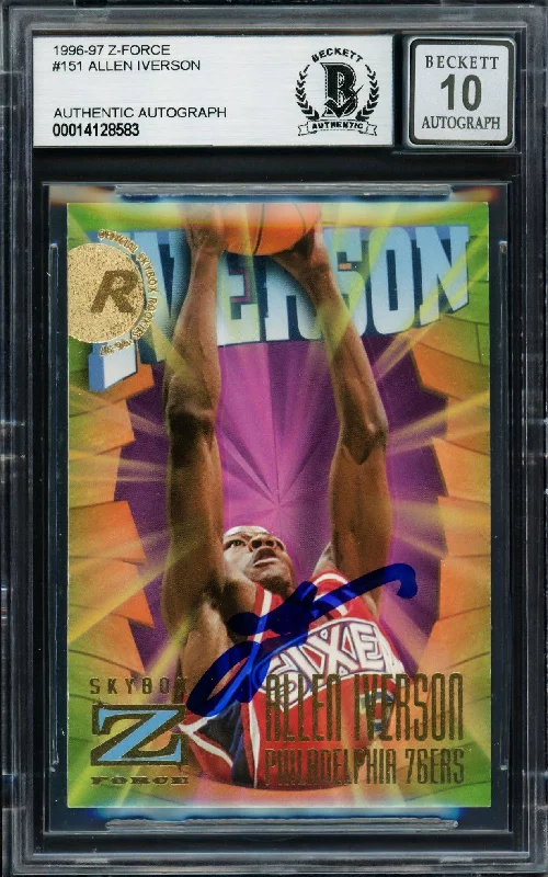 Men's basketball card minimal design -Allen Iverson Autographed 1996-97 Skybox Z Force Rookie Card #151 Philadelphia 76ers Auto Grade Gem Mint 10 Beckett BAS #14128583