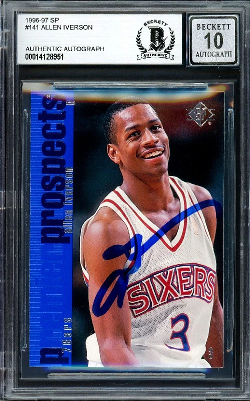 Men's basketball card holiday release -Allen Iverson Autographed 1996-97 SP Authentic Rookie Card #141 Philadelphia 76ers Auto Grade Gem Mint 10 Beckett BAS Stock #205793