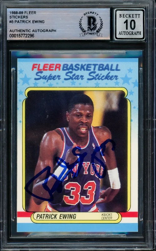 Men's basketball card athletic theme -Patrick Ewing Autographed 1988-89 Fleer Sticker Card #5 New York Knicks Auto Grade Gem Mint 10 Beckett BAS #15772296