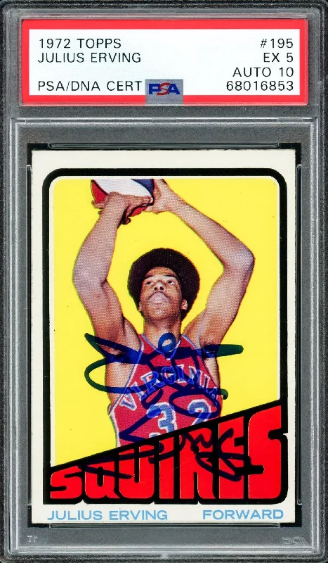 Men's basketball card quality cards -Julius Dr. J Erving Autographed 1972 Topps Rookie Card #195 PSA 5 Auto Grade Gem Mint 10 PSA/DNA #68016853