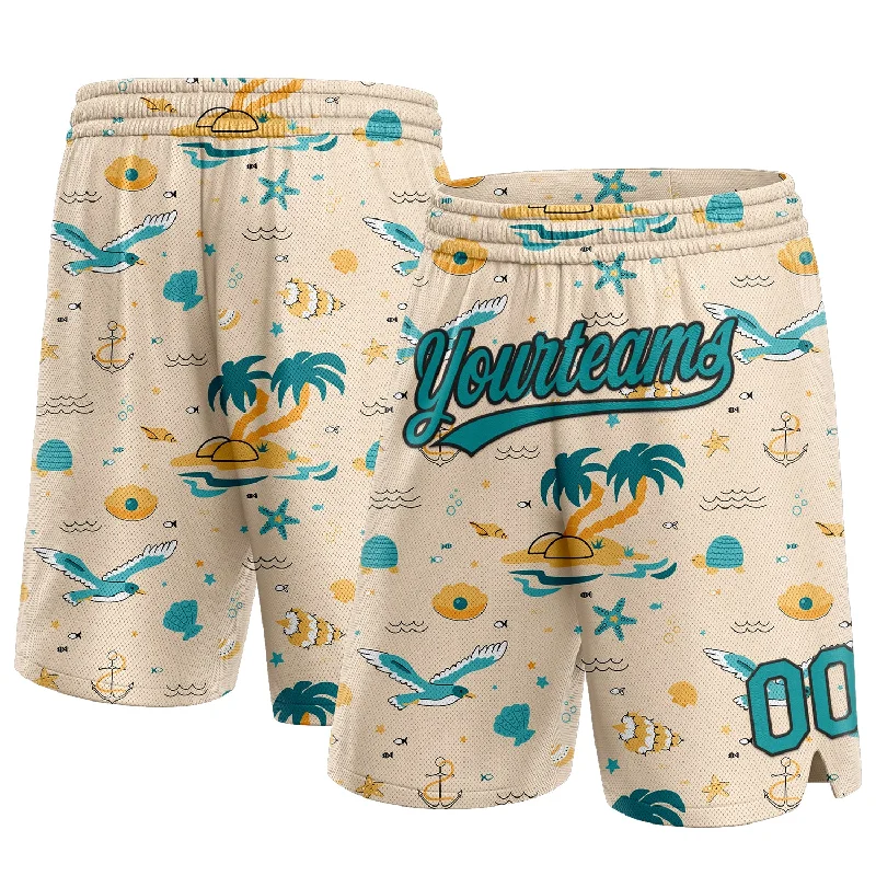 Men's basketball shorts breathable-hybrid -Custom Cream Teal-Black 3D Pattern Beach Hawaii Palm Trees Authentic Basketball Shorts