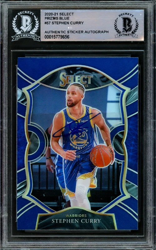 Men's basketball card trading set -Stephen Curry Autographed 2020-21 Panini Select Blue Prizm Card #57 Golden State Warriors Beckett BAS #15779656