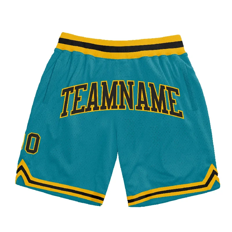 Men's basketball shorts breathable-sleek -Custom Teal Black-Gold Authentic Throwback Basketball Shorts