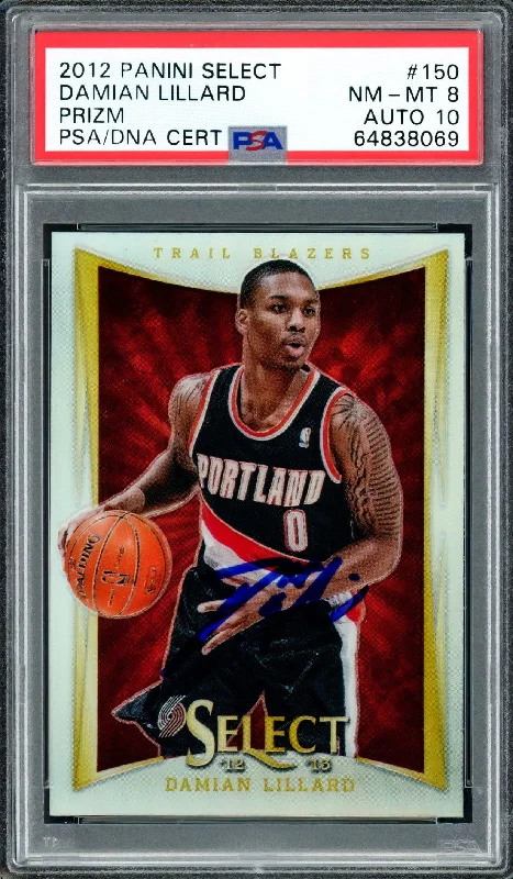 Men's basketball card vintage style -Damian Lillard Autographed 2012 Panini Select Silver Prizm Rookie Card #150 Portland Trail Blazers PSA 8 Auto Grade Gem Mint 10 On Card PSA/DNA #64838069