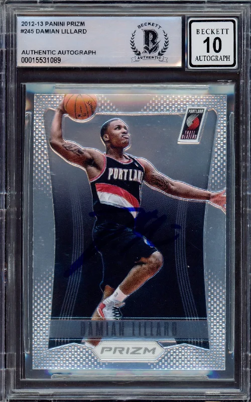 Men's basketball card sport lineup -Damian Lillard Autographed 2012-13 Panini Prizm Rookie Card #245 Portland Trail Blazers Auto Grade Gem Mint 10 Beckett BAS #15531089