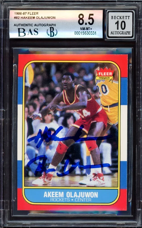 Men's basketball card budget deal -Hakeem Olajuwon Autographed 1986-87 Fleer Rookie Card #82 Houston Rockets BGS 8.5 Auto Grade Gem Mint 10 "The Dream" Beckett BAS #15530331