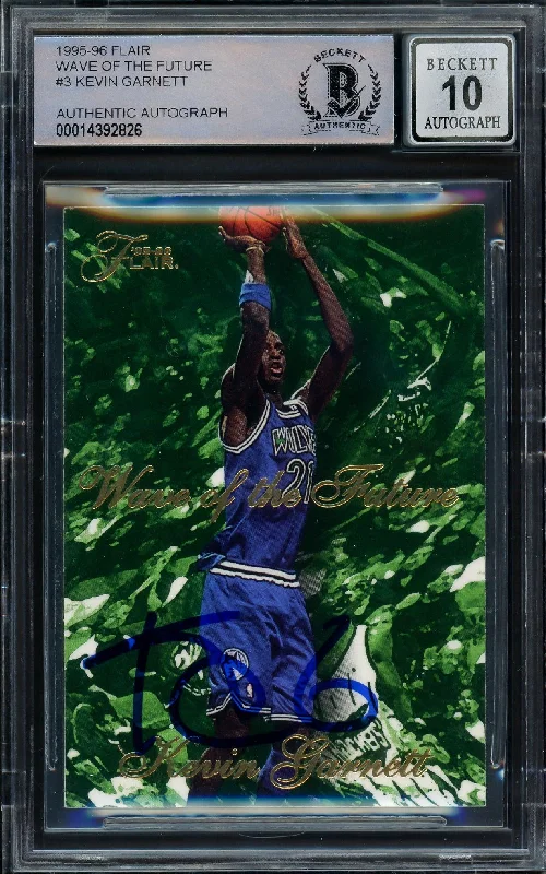 Men's basketball card top-tier rarity -Kevin Garnett Autographed 1995-96 Fleer Flair Wave of the Future Rookie Card #3 Minnesota Timberwolves Auto Grade Gem Mint 10 Beckett BAS #14392826