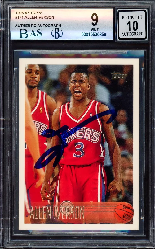 Men's basketball card custom deal -Allen Iverson Autographed 1996-97 Topps Rookie Card #171 Philadelphia 76ers BGS 9 Auto Grade Gem Mint 10 Beckett BAS Stock #214860