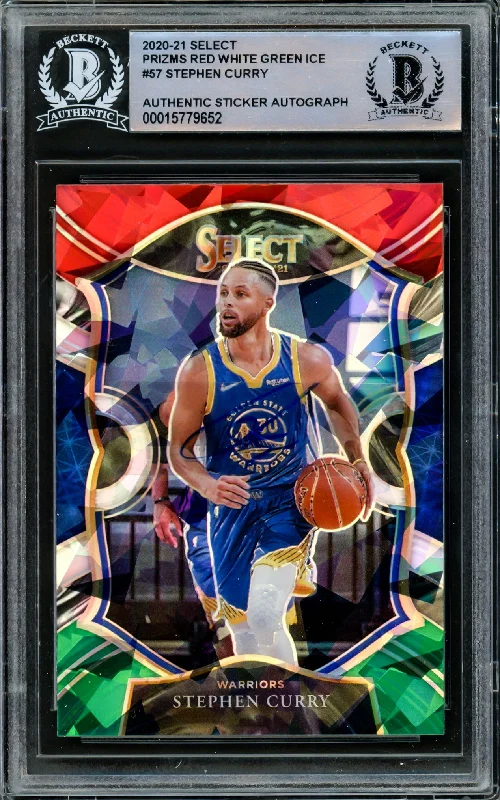 Men's basketball card durable quality -Stephen Curry Autographed 2020-21 Panini Select Red White & Green Ice Prizm Card #57 Golden State Warriors Beckett BAS #15779652