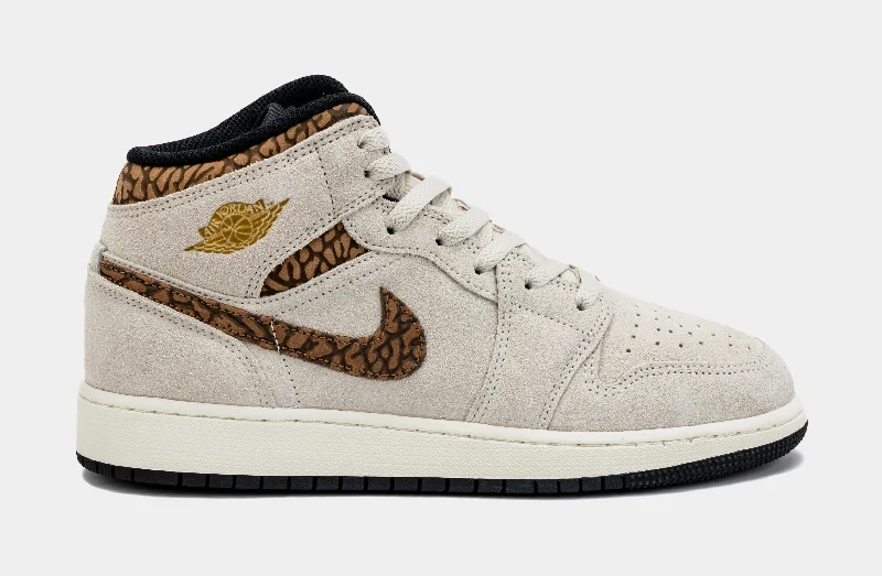 Basketball shoes muted-modern -Air Jordan 1 Retro Mid SE Brown Elephant Grade School Lifestyle Shoes (Light Orewood Brown/Metallic Gold)